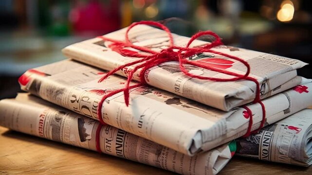 Four beautifully wrapped christmas presents on a rustic wooden table, tied with red string and newspaper. Cozy and festive, perfect for the holidays