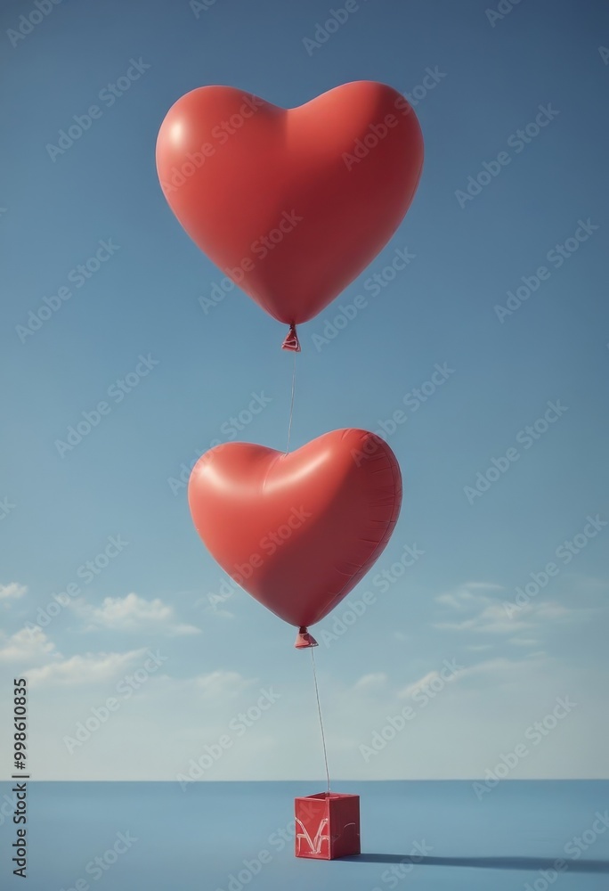 Poster two heart-shaped balloons float in the sky, connected to a small red box with a white heart symbol, 