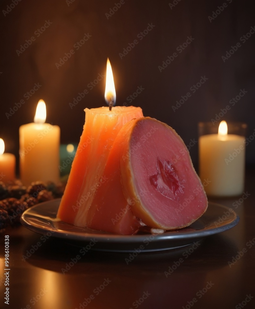 Poster a slice of orange fruit rests on a dark plate, illuminated by a single candle flame, with other cand