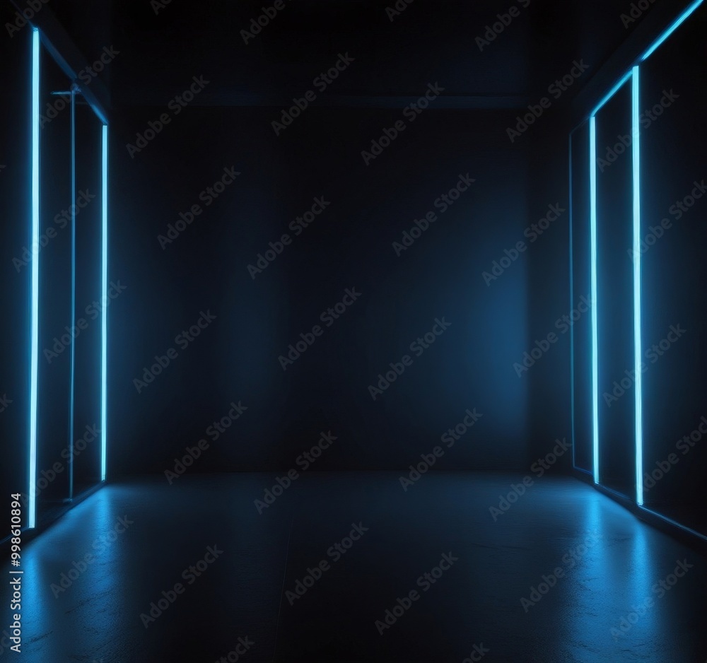 Poster A dark room with a single, glowing blue line running down the center, creating a sense of depth and perspective