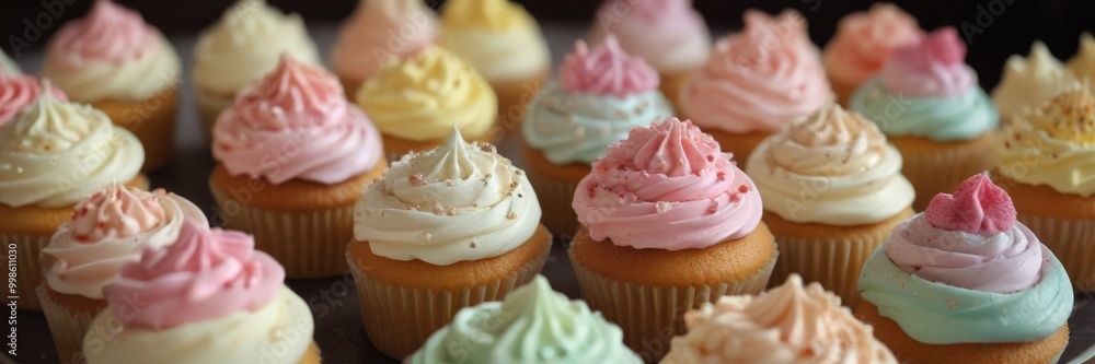 Poster a close-up view collection of cupcakes with colorful frosting and sprinkles, arranged on a dark back
