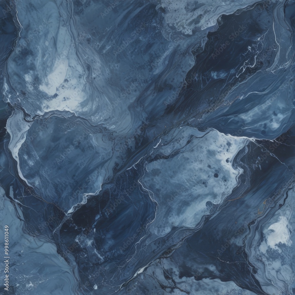 Poster a close-up view marble-like surface with swirling patterns and textures in shades of blue and gray