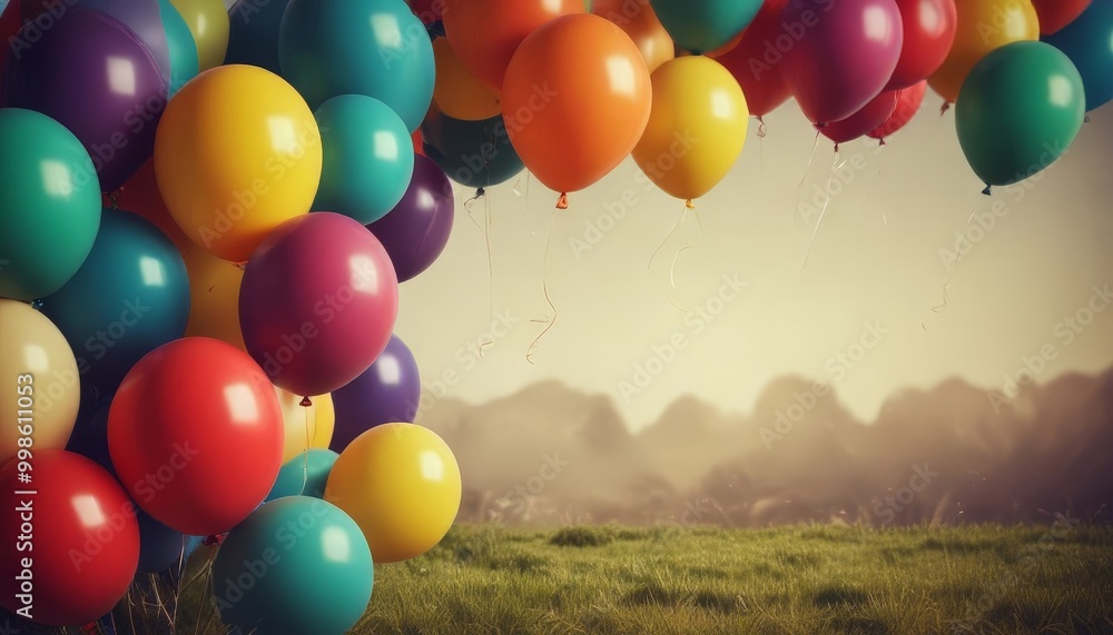 Poster a cluster of multicolored balloons floats in the air, with a grassy field and mountains in the backg