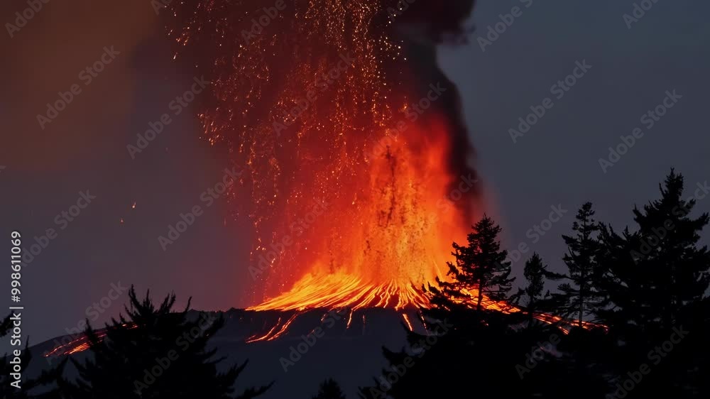Poster Plume of hot lava is erupting from a volcano, creating a fiery spectacle against the twilight sky. The surrounding forest is silhouetted against the glowing inferno