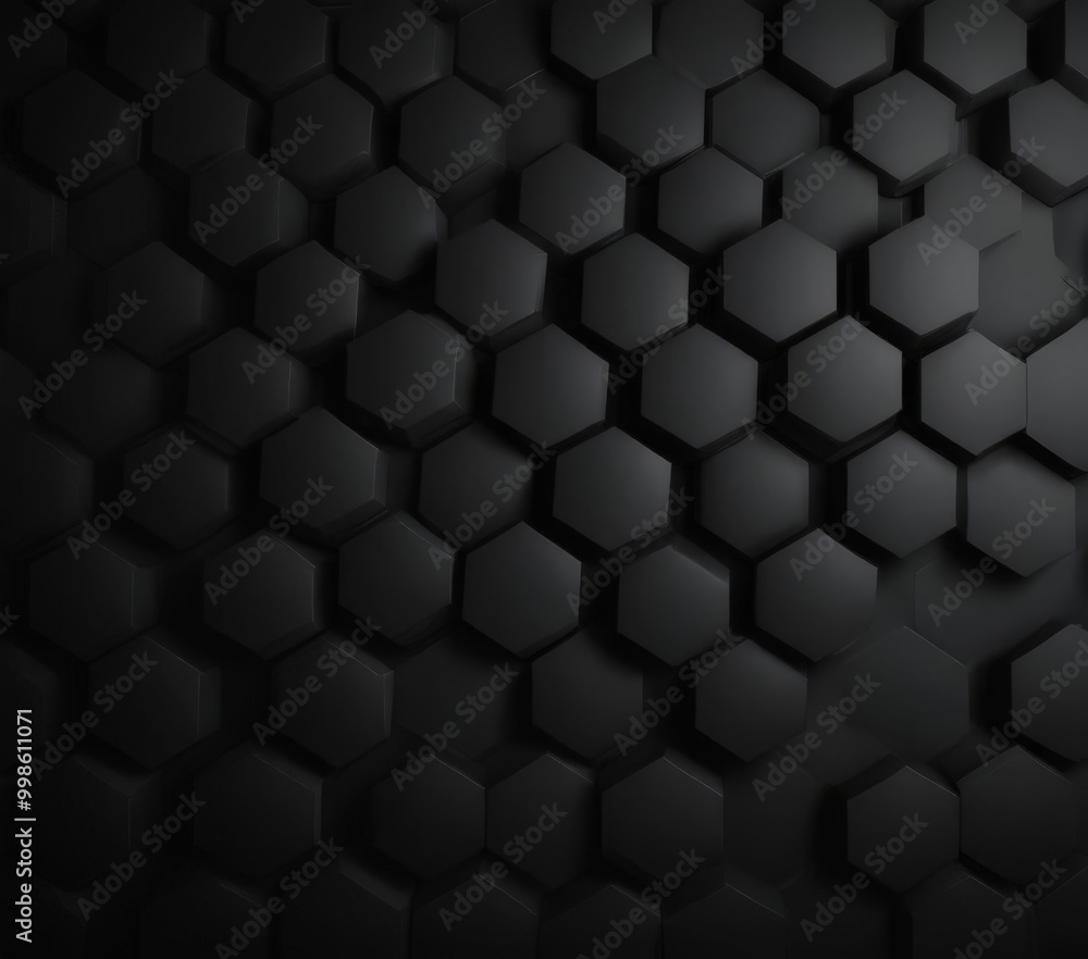 Poster a repeating pattern of black hexagonal shapes arranged in a grid-like fashion against a dark background