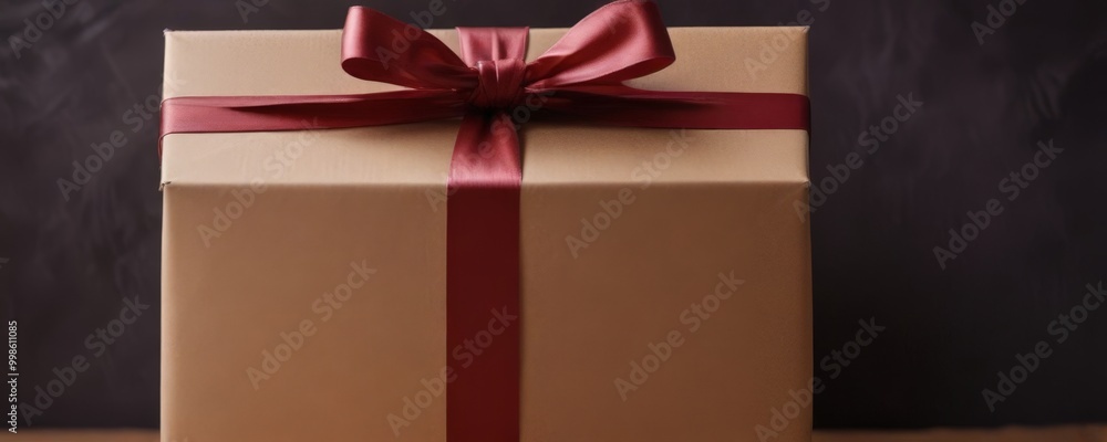 Poster a beige gift box with a red ribbon bow sits on a dark surface, creating a visually appealing contras