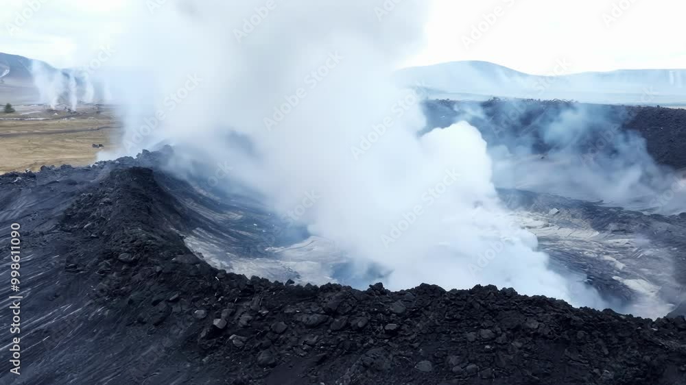 Poster Smoke rising from the crater of a volcano after an eruption, covering the surrounding landscape with ash and demonstrating the awesome power of nature