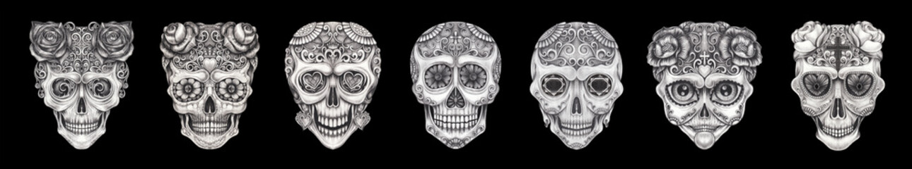 Sugar skull art banner pattern for day of the dead hand drawing set four.	
