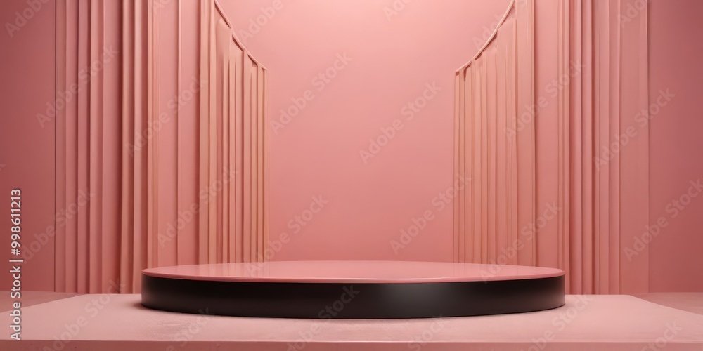 Poster a pink-themed stage with a black platform and a curved curtain backdrop
