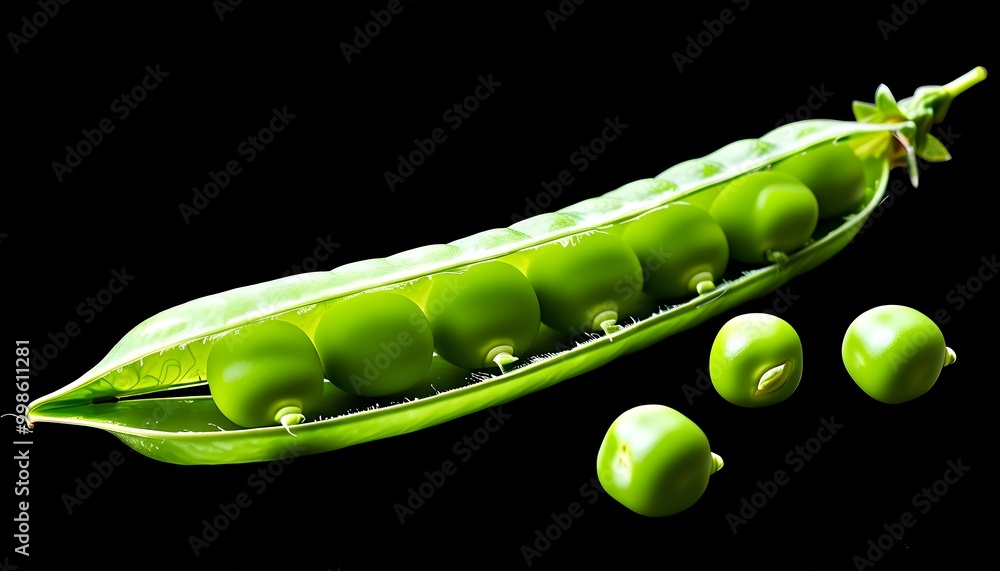 Wall mural vibrant green peas nestled within a pod, set against a striking black backdrop