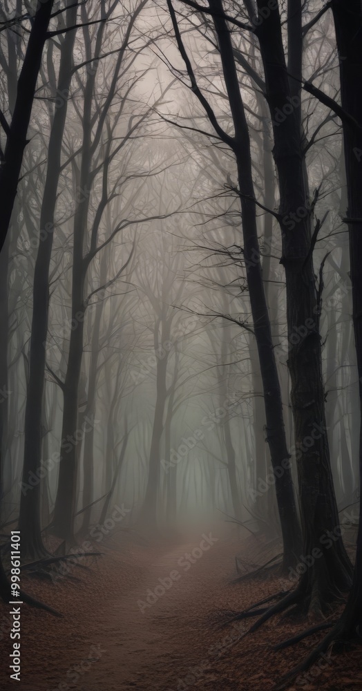Poster a foggy forest path leads to a mysterious, shadowy figure in the distance, with bare trees and a sen