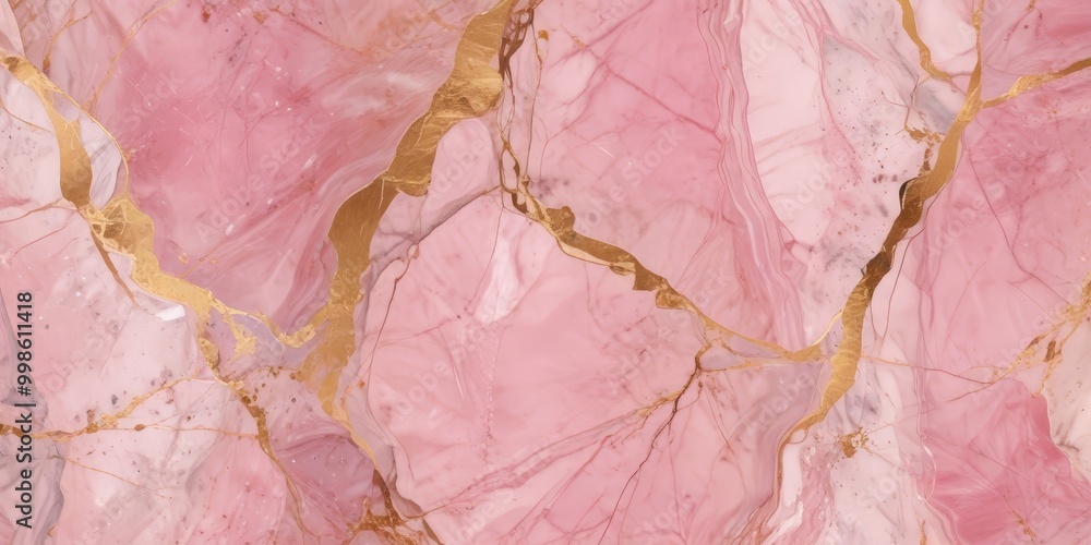 Poster a close-up view pink marble surface with gold accents, creating a visually striking and textured pattern