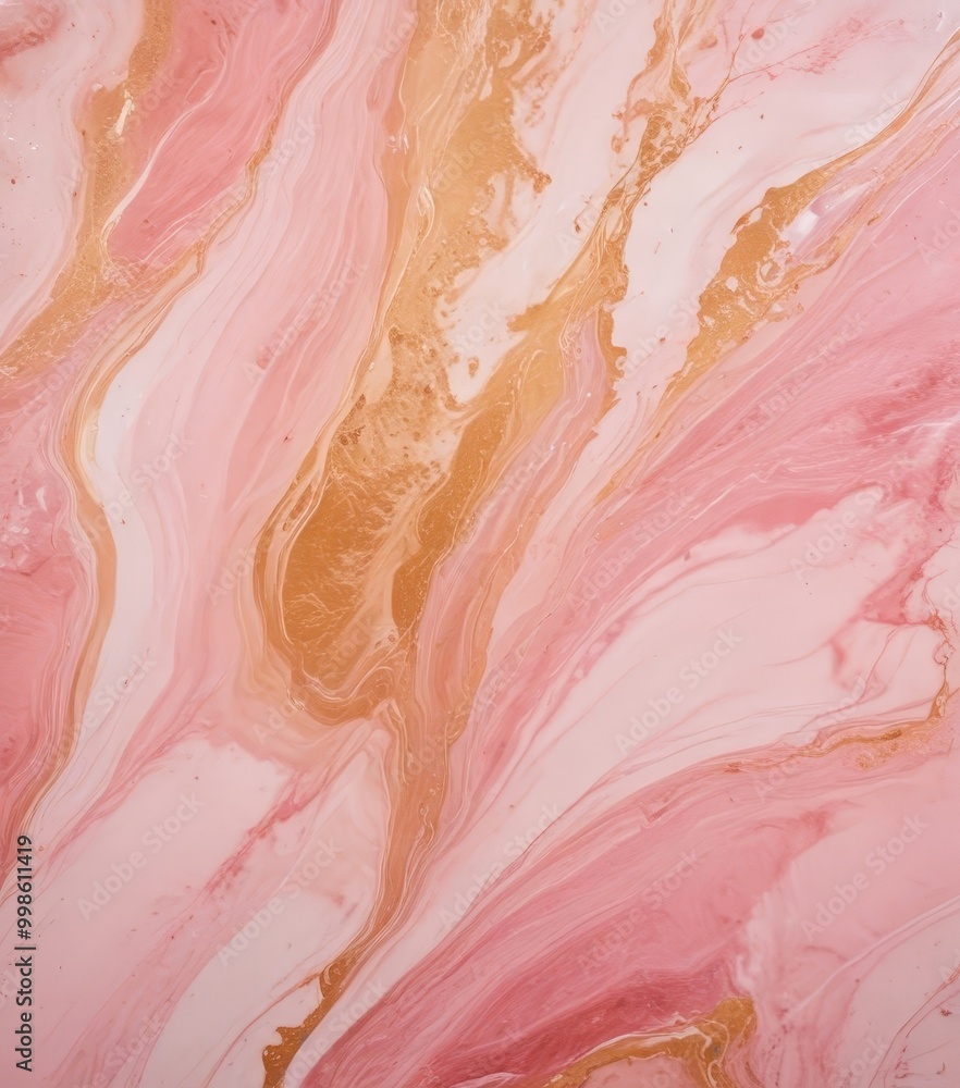 Poster a close-up view marble-like surface with a swirling pattern of pink and gold hues