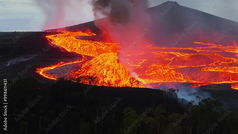 Poster Molten lava flowing down the side of a volcano at twilight, creating a river of fire and smoke. The destructive power of nature is on full display as the lava flows towards a nearby forest