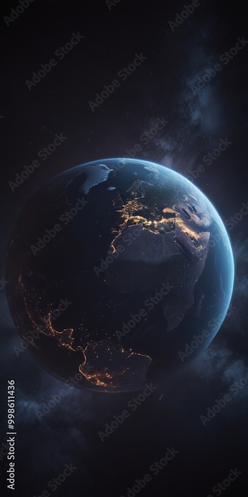 Aufkleber the earth at night, with the continents illuminated by city lights and the dark blue oceans and atmo
