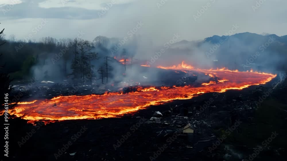 Poster Witness molten lava flowing from an erupting volcano at twilight, creating a mesmerizing river of fire cutting through the landscape with raw power