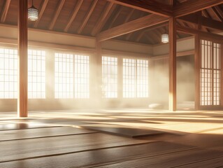 atmospheric 3d rendering of a traditional japanese dojo interior with tatami mats shoji screens and wooden beams bathed in soft hazy light creating a serene ambiance