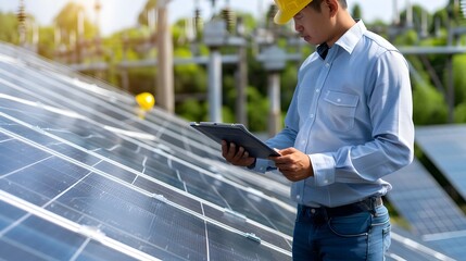 Businessman Investing in Renewable Energy Meeting with Engineers at a Solar Farm to Discuss Sustainable Growth Opportunities