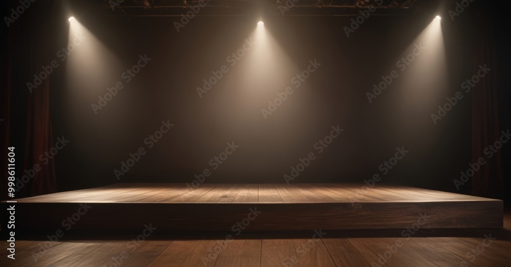 Poster A dimly lit stage with a wooden platform and three spotlights shining down on it, creating a dramatic and atmospheric setting