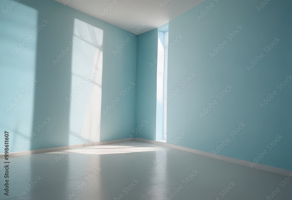 Poster an empty room with light blue walls and a white floor, featuring a window on the right wall that all