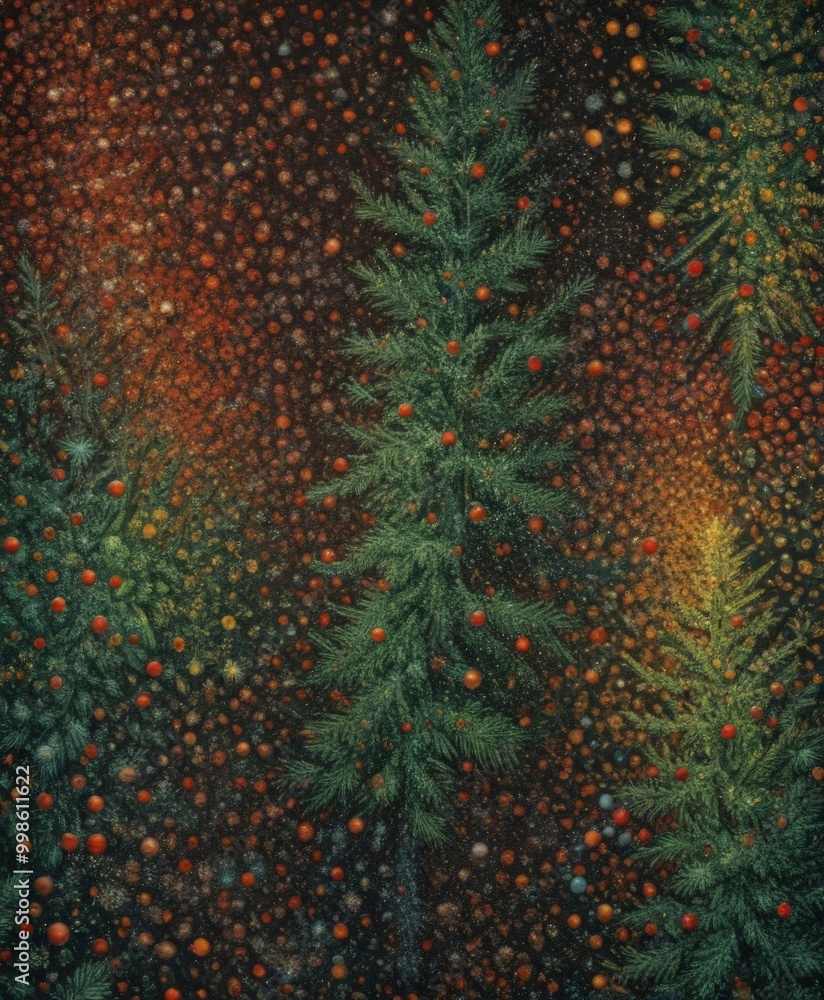 Poster a dense forest of evergreen trees with vibrant red and orange berries scattered throughout the scene The trees are densely packed, creating a sense of depth and complexity