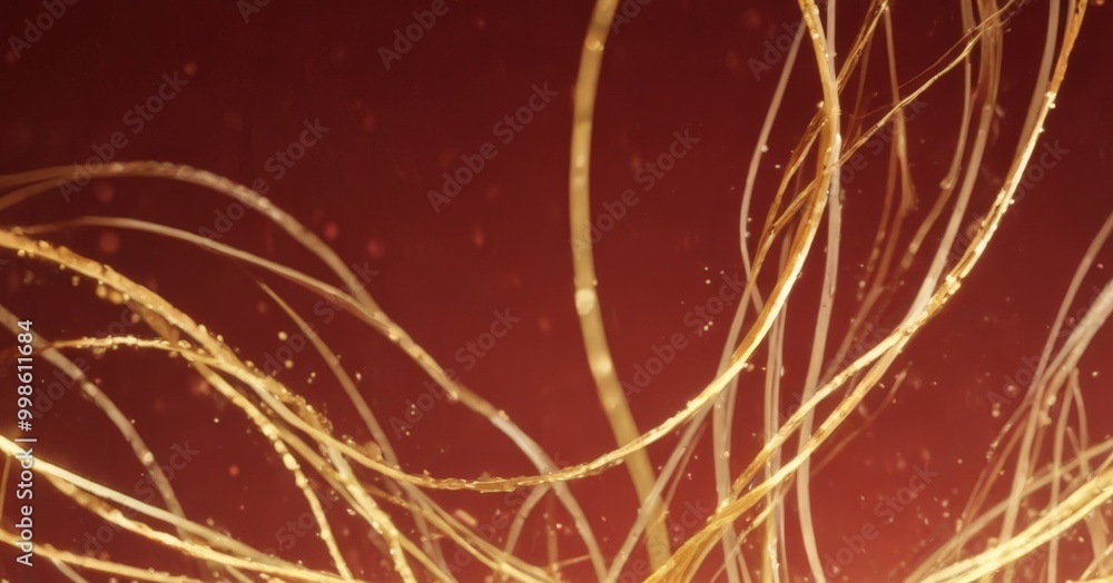 Aufkleber a close-up view golden, twisted, and tangled web of thin, delicate strands against a deep red backgr