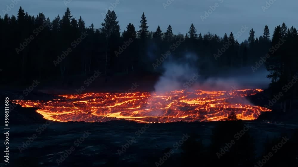 Poster river of molten lava glows brightly as it flows across the dark ground, illuminating a lone figure w