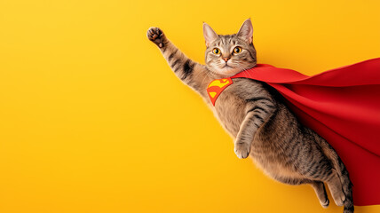 Obraz premium Flying Cat, A tabby cat stretching out in a Superman pose
