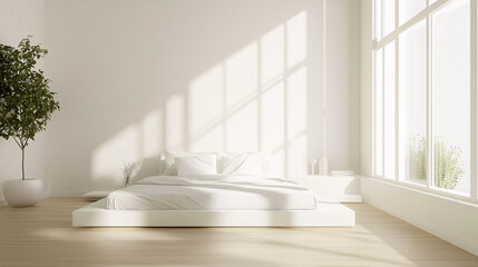 Fototapeta premium A bright, airy minimalist bedroom with a white platform bed, minimal decor, and natural wood flooring. Sunlight floods the space, creating a calm, peaceful atmosphere