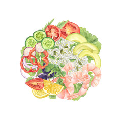 Steamed shrimps, rice, lemon and fresh vegetables watercolor illustration. Slices of tomato, onion, cucumber, red pepper, radish, avocado surrounded salad greens, pumpkin seeds. Care food