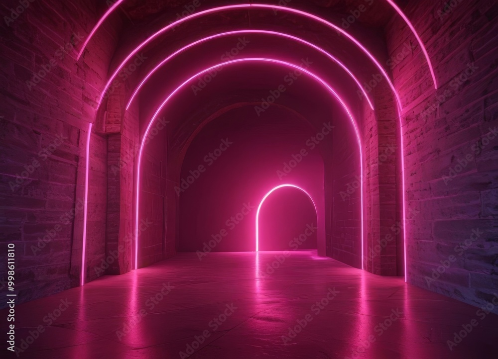 Aufkleber a long, dimly lit corridor with a series of arched pink lights lining the walls, creating a tunnel-l