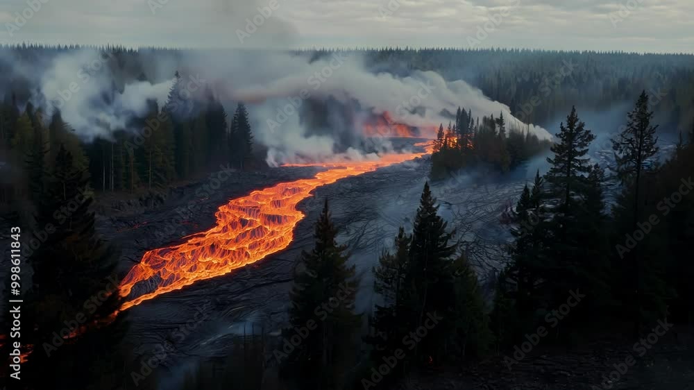 Poster river of lava flows through a burning forest, creating smoke and showcasing nature's power in shades