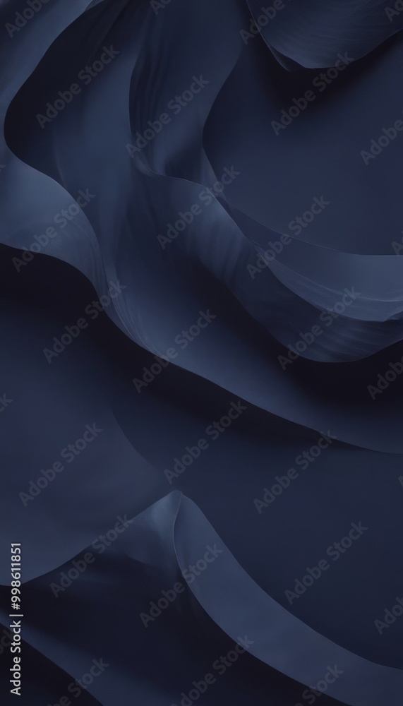 Poster a close-up view dark blue fabric with a wave-like pattern, creating a sense of movement and depth