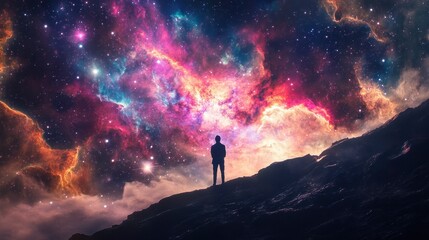 Fototapeta premium A breathtaking view of the galaxy with colorful nebulae and stars, as a silhouette gazes into the vastness of the cosmos