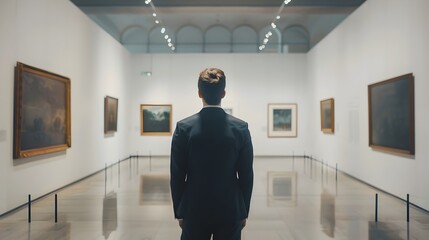Businessman Evaluating Artwork Investment Opportunity in Fine Art Gallery