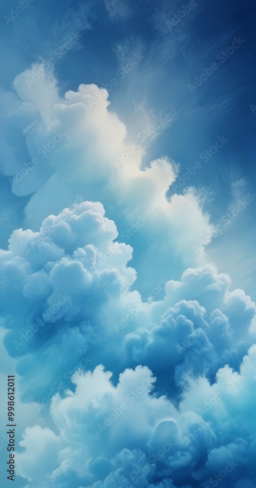 Poster a serene sky filled with fluffy white clouds, creating a sense of tranquility and vastness