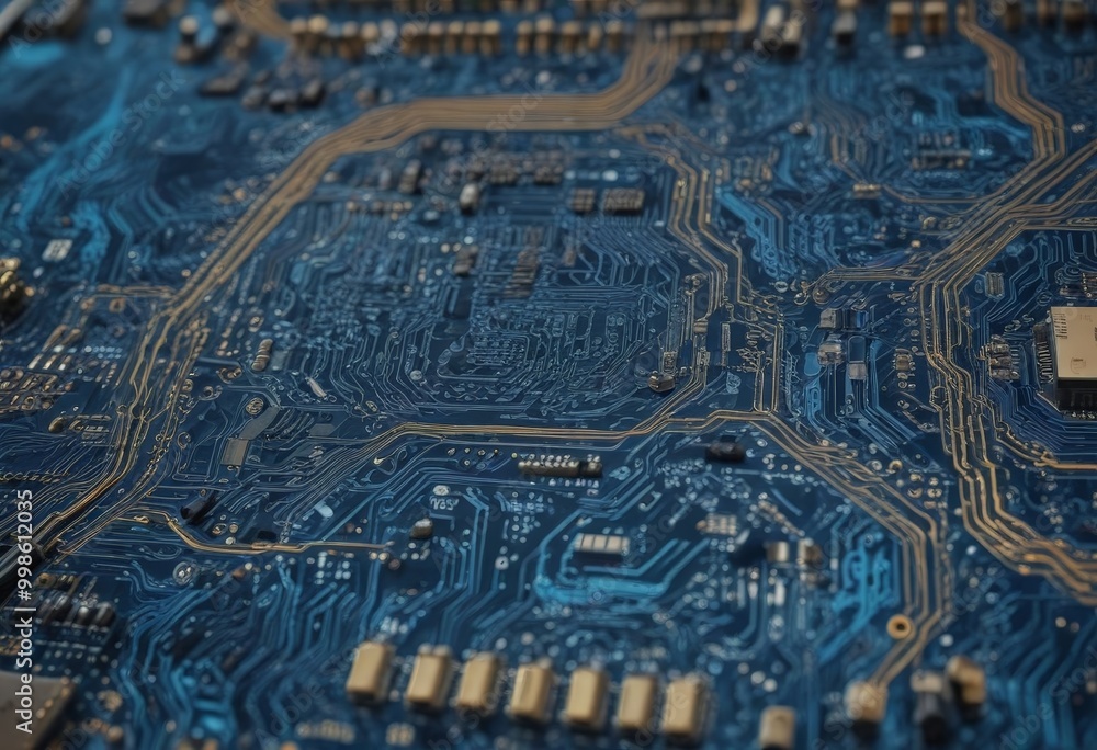 Aufkleber a close-up view blue circuit board with intricate gold-colored traces and components