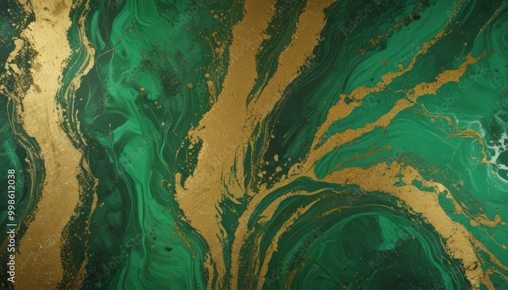 Poster a close-up view marble-like surface with swirling patterns of green and gold colors
