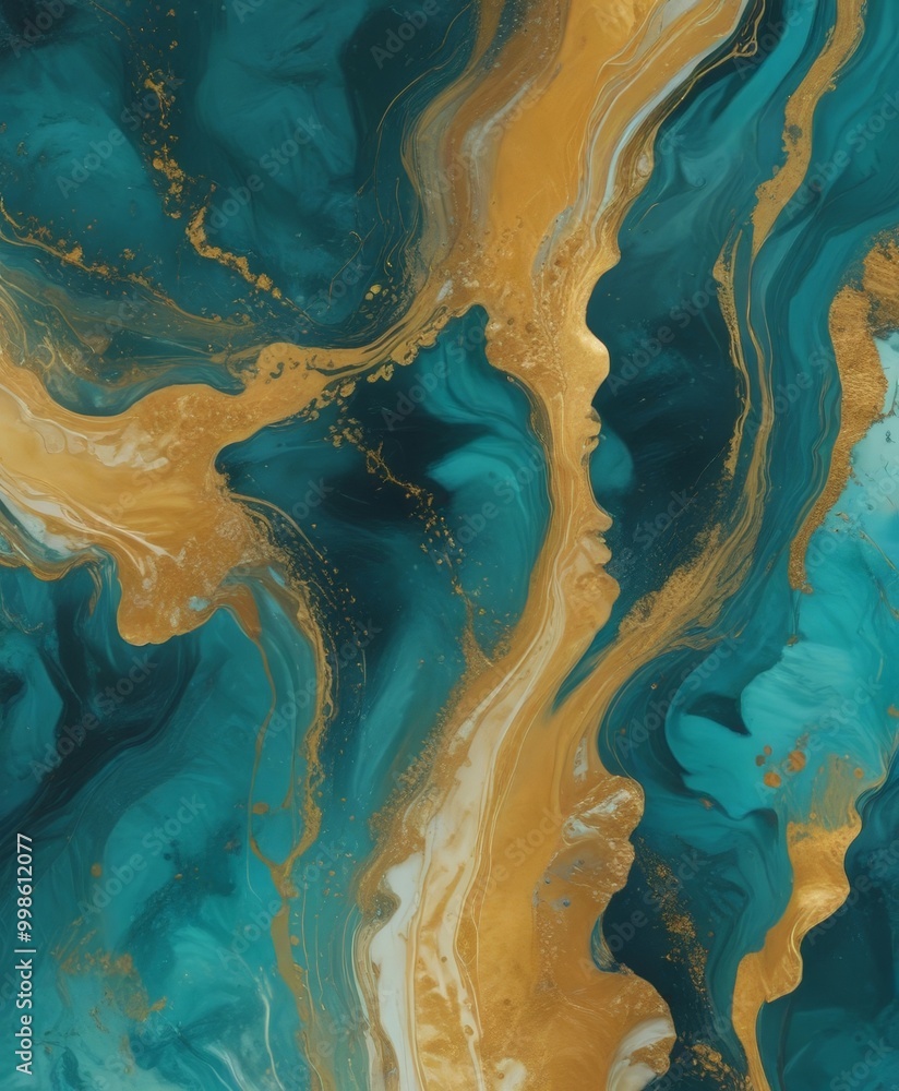 Poster a striking abstract pattern with swirling, fluid lines in shades of blue and gold, creating a sense of movement and dynamism