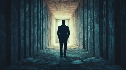 Obraz premium A man is walking down a dark tunnel
