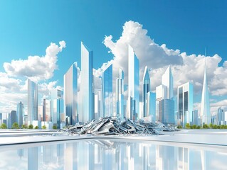 Collapsed financial skyscrapers in a modern city, recession devastation, 3D illustration