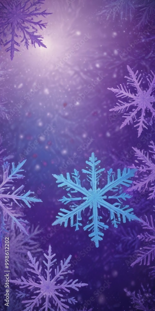 Poster a close-up view snowflake against a purple background, with additional snowflakes scattered througho