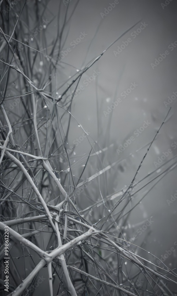 Aufkleber a close-up black and white photograph dense, tangled web of thin, branching branches with water drop