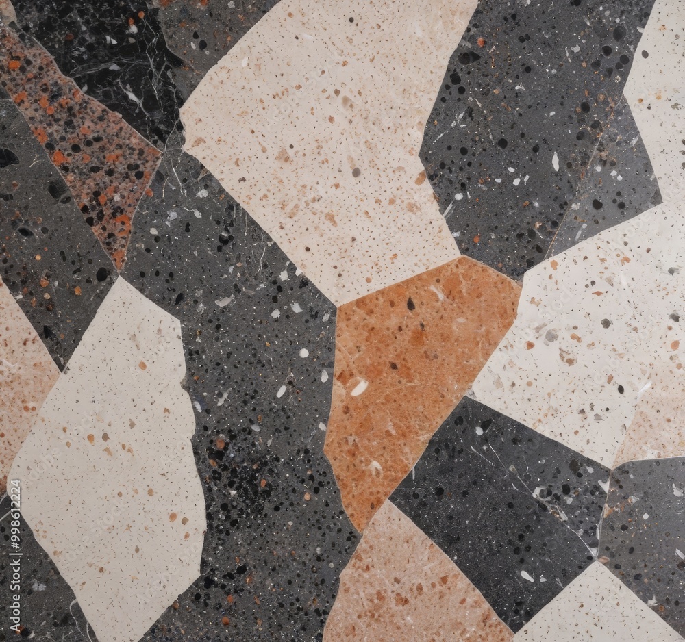 Aufkleber a close-up view mosaic tile pattern composed of irregularly shaped tiles in various shades of gray, black, and beige, with some areas featuring a speckled or
