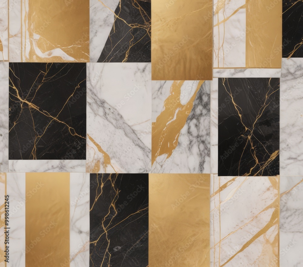 Poster a grid of square tiles with a marble pattern, featuring a mix of black and white marble with gold ac