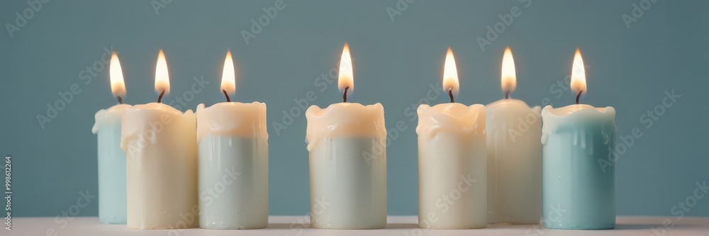 Aufkleber a row of seven candles in various colors and sizes, lit and casting a warm glow against a light blue