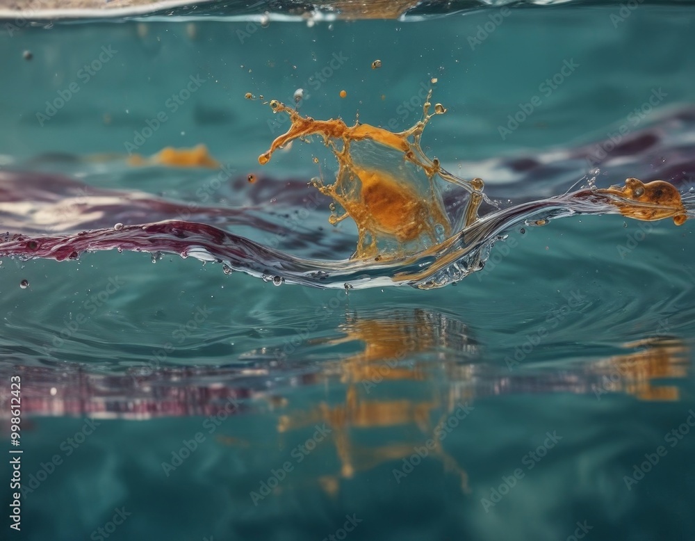 Poster a splash of orange and yellow liquid creates a dynamic reflection on the water's surface, with a blu