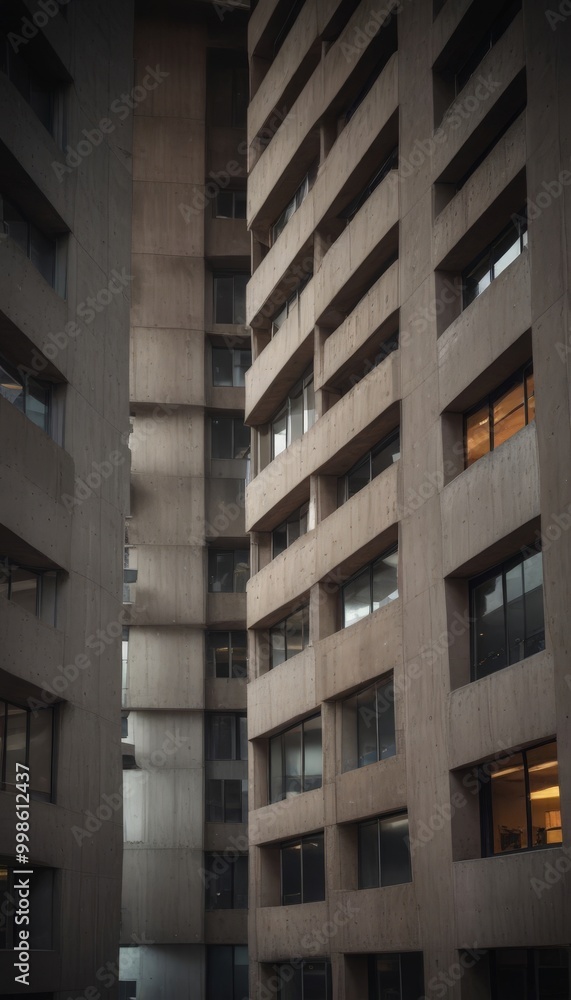 Poster a tall, modern concrete building with numerous windows, creating a sense of depth and perspective