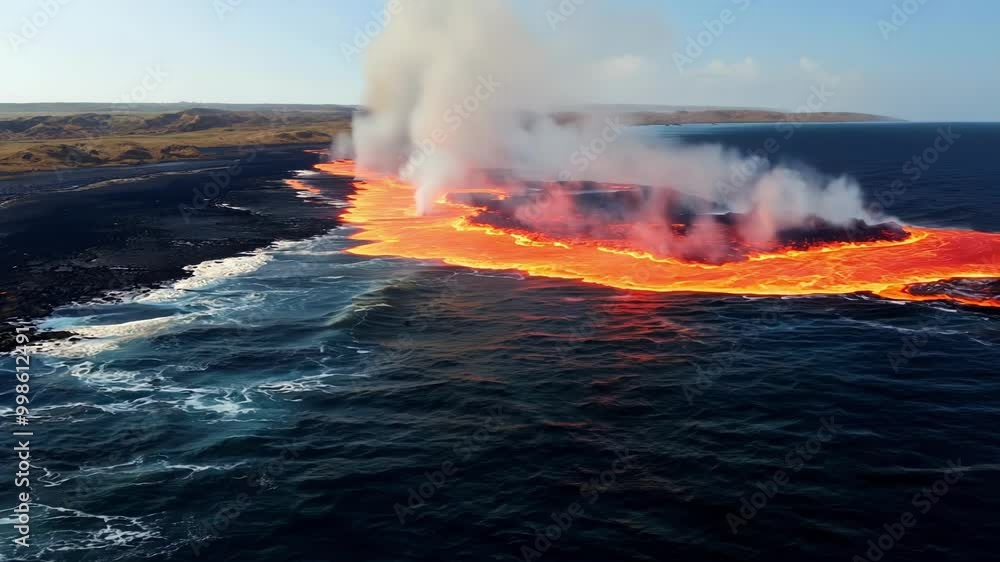 Poster witness molten lava flowing into ocean from volcanic eruption, creating steam and smoke. nature's po