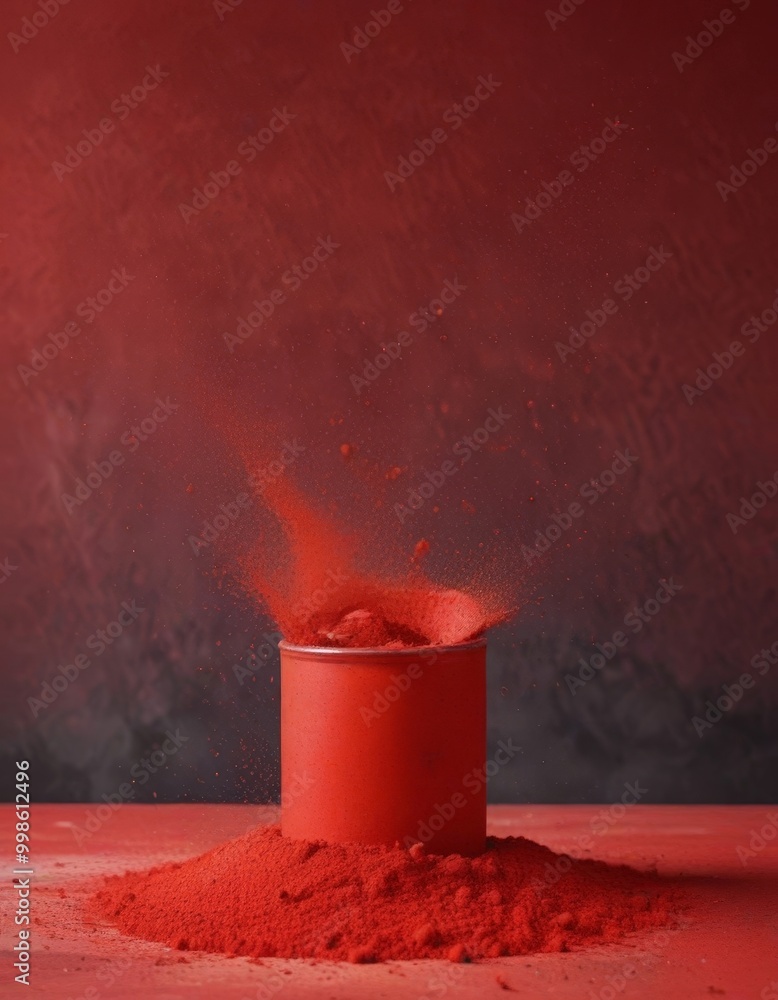 Poster A red can filled with a vibrant red powder is shown, with the powder being forcefully expelled, creating a dynamic and visually striking scene